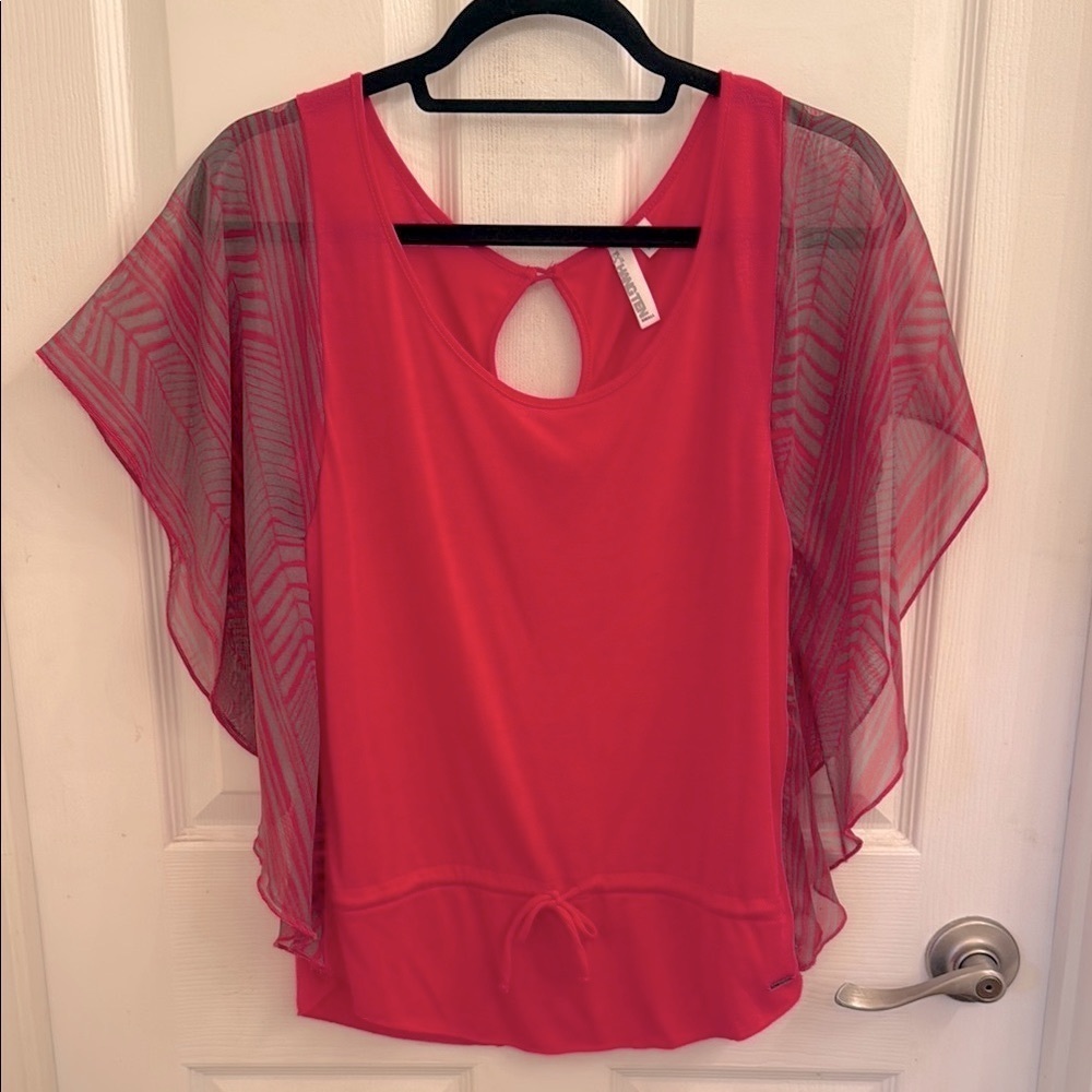 Pink Gray Sheer Flutter Sleeve Blouse by Hang Ten - Picture 8 of 8